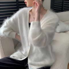 百搭拉绒兜宽松羊毛开衫山羊绒加厚时尚花纱女V领外套毛衣显瘦