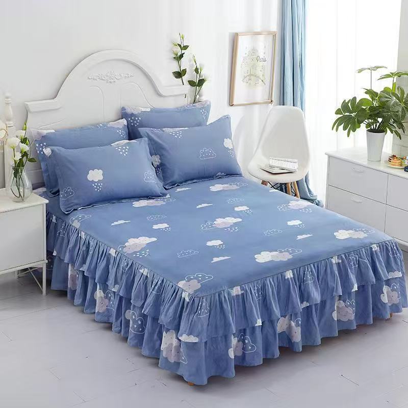 Falda de cama coreana Falda de cama de algodón de imitación agradable para la piel Funda de cama individual para dos piezas de tres piezas Funda de cama de encaje de doble capa de tres piezas image 8