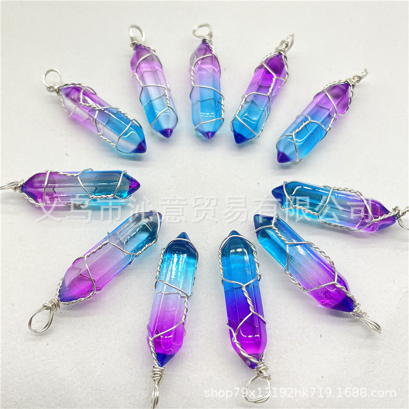 Comercio exterior caliente bobina hexagonal columna colgante collar de cristal natural hecho a mano de plata hilo bala joyería al por mayor