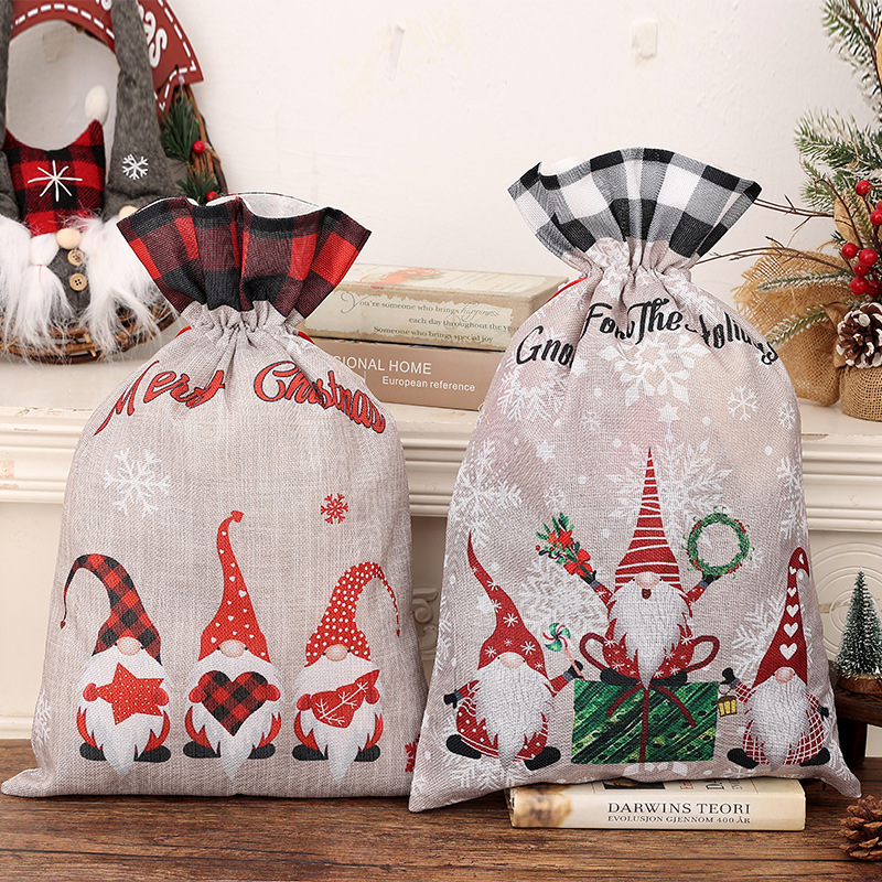 Cross-border Christmas decoration plaid-edged cartoon storage bag linen forest old man gift bag Christmas atmosphere