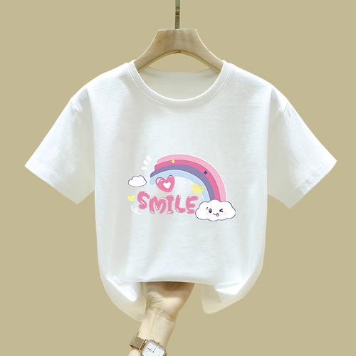 2414# Girls Rainbow Half-Sleeve Summer Medium and Large Children's Short-Sleeve Pure Cotton T-shirt School Uniform Children's Clothing Boys Cartoon T-shirt