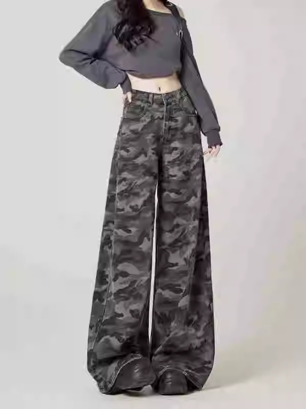 アメリカンストリートハイウエストワークジーンズ女性用ファットmm大きいサイズワイドレッグレトロ迷彩ドレープ多用途ルーズパンツ|undefined