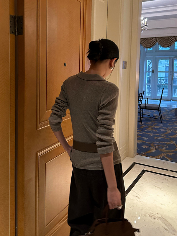 ELSISSI复古修身U领撞色长袖针织衫女2025秋季新款十三行慵懒上衣|undefined