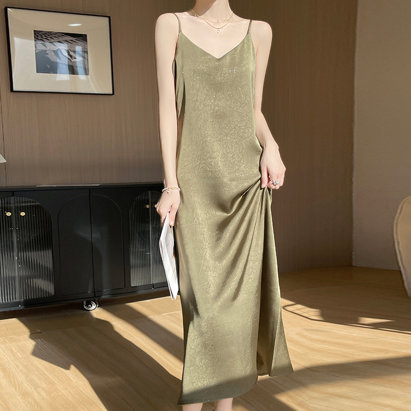 Sequin Satin Suspender Dress for Women Summer New Outer Wear Slimming Slimming Drapey Knee-Length Skirt