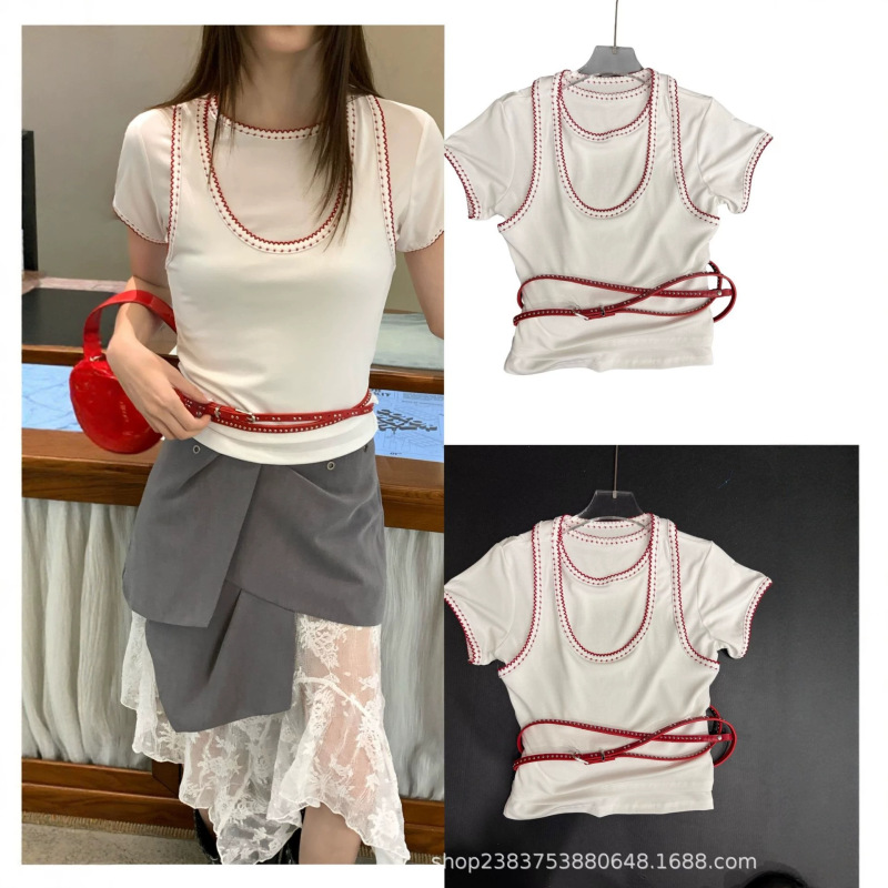 Shenzhen Nanyou Quality Color-Block Embroidered Knit Top for Women, Early Spring Design, Niche Red and White Color-Block Short-Sleeve T-Shirt Shenzhen Nanyou Quality Color-Block Embroidered Knit Top for Women, Early Spring Design, Niche Red and White Color-Block Short-Sleeve T-Shirt