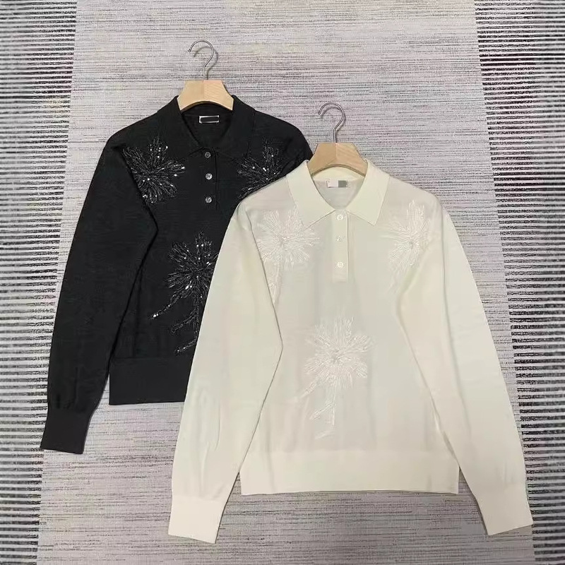 BC Foreign Trade 2024 Autumn and Winter New Bead Flower Lapel Long Sleeve Silk Cashmere Blended Top Women All-match