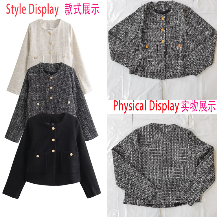 Cross-Border Women's Fashion Tweed Short Jacket, New Spring and Autumn Style, Round Neck, Long Sleeves, Single-Breasted, Versatile and Stylish Jacket