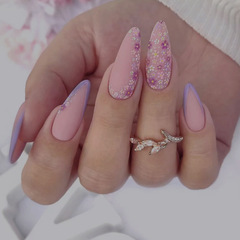 Adorable sweet almond sand-pleated floral false nails, European and American gentle girl Ins style fashionable nail wholesale