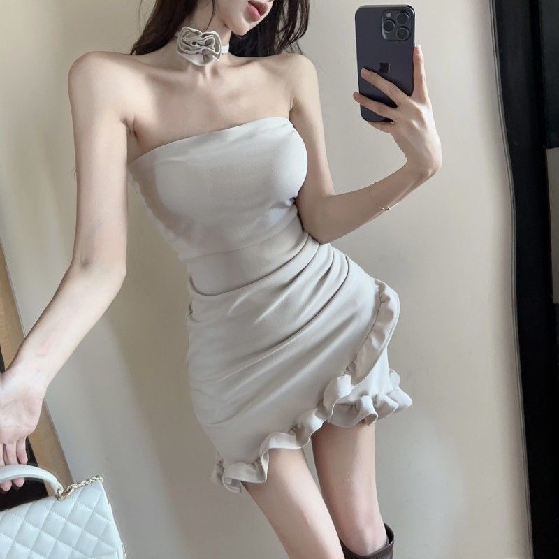 Pure Desire Spice Girl Ruffled Sexy Tube dress Women's Autumn and Summer New Slim-fit Hip Short Skirt Dress