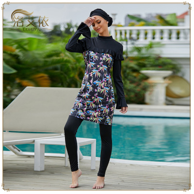 Loriya速賣通亞馬遜保守時尚印花款現貨分體三件套泳裝SW1004