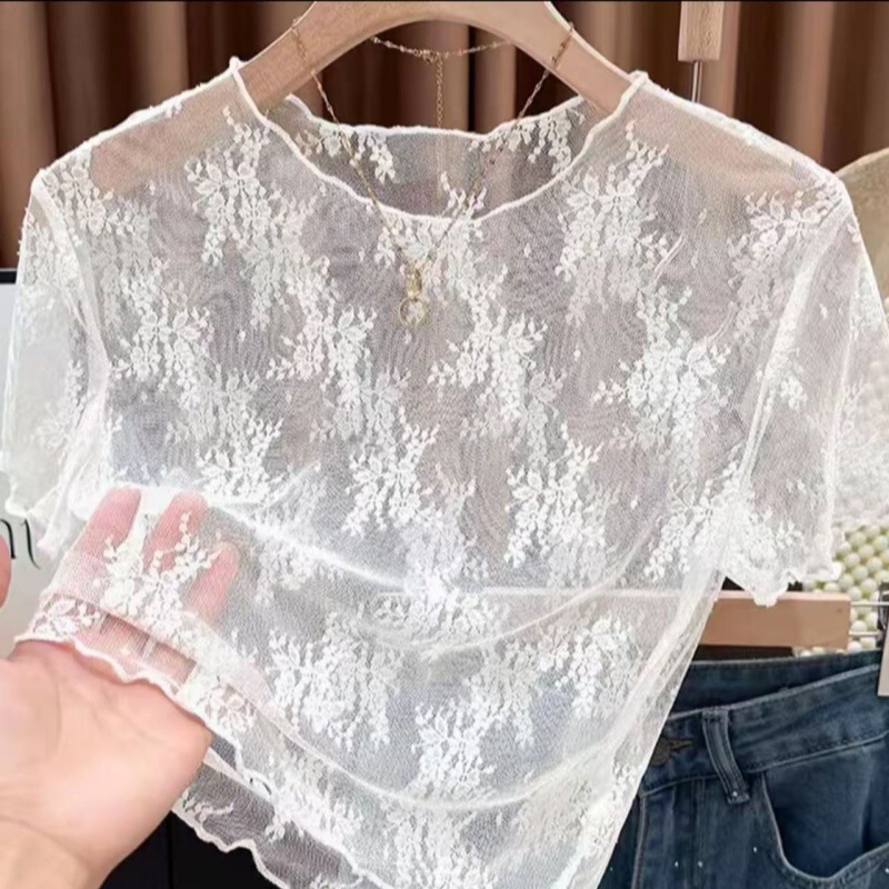 Lace-Trimmed Hollow-Out Short-Sleeve T-Shirt for Women, Paired with a Slip Dress and Anti-Exposure Half-Length Ice Silk Mesh Top Lace-Trimmed Hollow-Out Short-Sleeve T-Shirt for Women, Paired with a Slip Dress and Anti-Exposure Half-Length Ice Silk Mesh Top