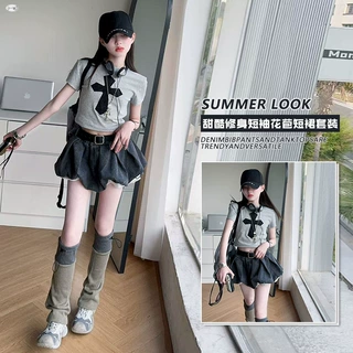 女童甜盐系套装夏日多巴胺刺绣蕾丝短袖花苞短裙两件套中大儿童装