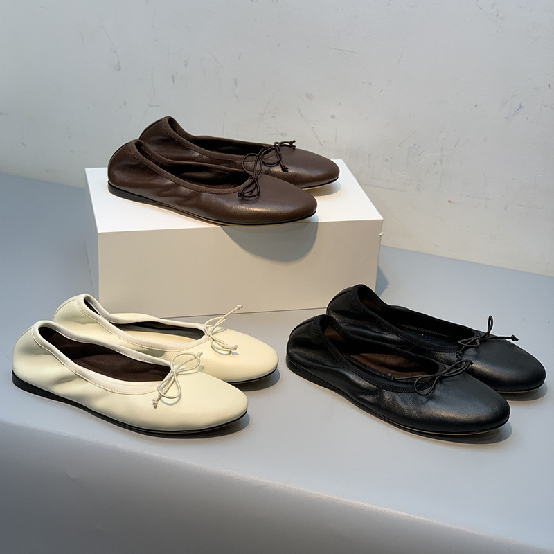 Autumn and winter Row elastic flat ballet shoes women's leather round toe all-match comfortable bow slip-on milk shoes