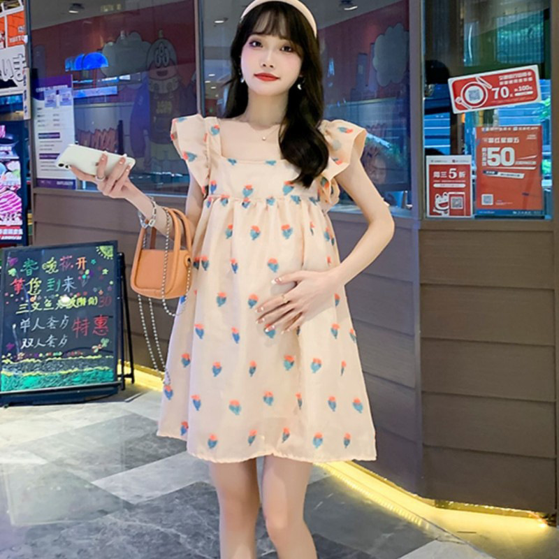 Pregnant Women's Summer Fashion Sweet Printing Flying Sleeve dress Loose Casual Skirt Summer Long Pregnant Women's Skirt Pregnant Women's Summer Fashion Sweet Printing Flying Sleeve dress Loose Casual Skirt Summer Long Pregnant Women's Skirt