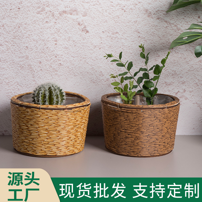 Cesta de tejido nórdica tejida de paja sala de estar plantación verde planta de plantación de interior decoración floral creativa