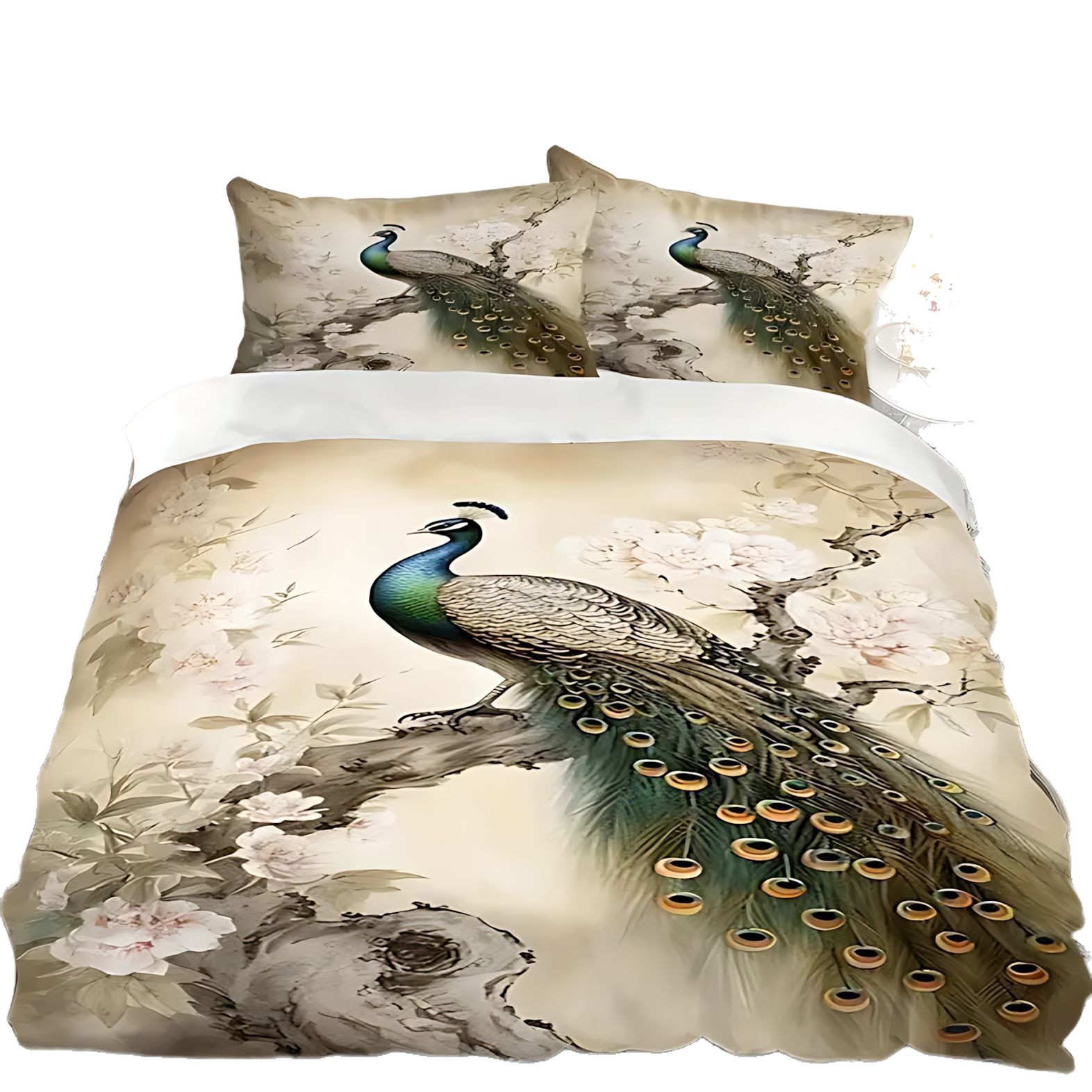 TEMU / JIT Peacock Flower HD Impresión digital abrasión colcha de cama set transfronterizo se puede ajustar