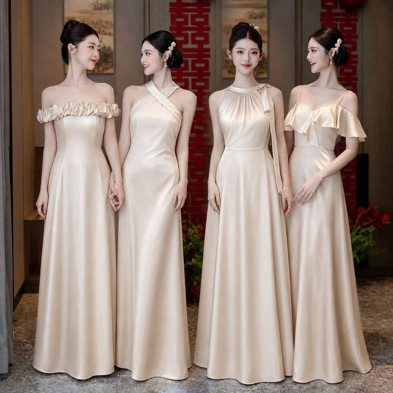 2026 New Champagne Satin Bridesmaid Dress French Style High-End Niche Exquisite Sister Dress Party Gown Long Dress