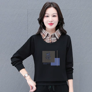 高棉假两件衬衫领印花图案卫衣女春秋新款气质减龄宽松遮肉上衣