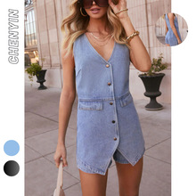 ins新款欧美女士盛夏连体裤·系扣假两件背心牛仔棉连体短裤