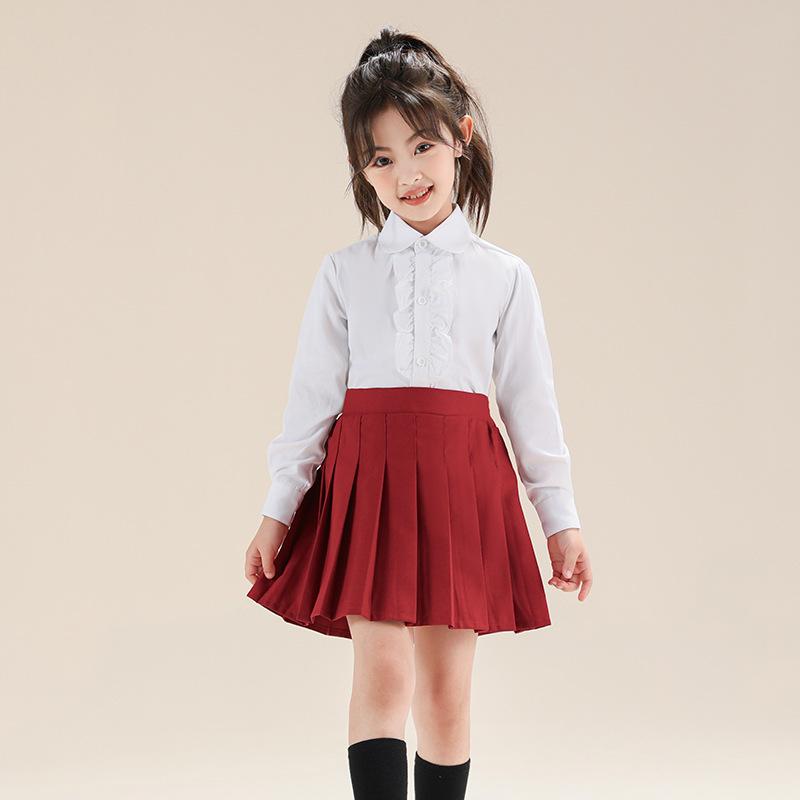 Niñas camisas de cinturón de 2 piezas set de encaje de pecho para niños camisa blanca de estilo universitario camisa de primavera y otoño
