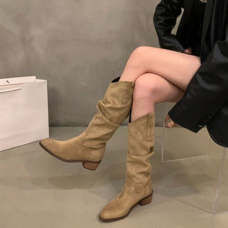 Pointed Toe Thick Heel Pleated High Boots for Women 2025 New Autumn and Winter Fashion Versatile Slimming Look Boots