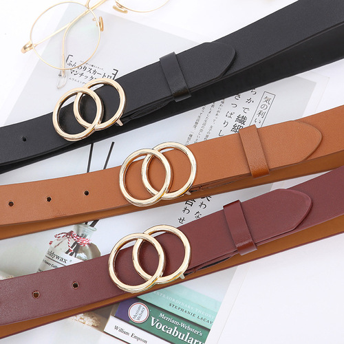 Korean Trendy Double Round Buckle Black PU Jeans Belt for Students - Versatile Jeans Belt for Women, Simple and Elegant