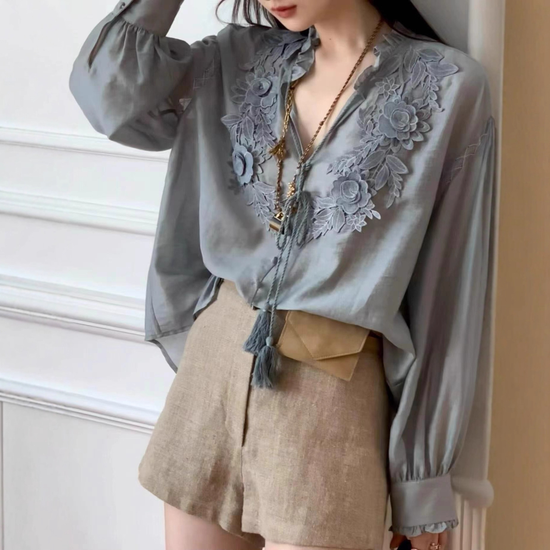 In-Stock Southern French Gentle Style Tencel Long-Sleeve Shirt for Women, 2025 Autumn Casual Loose-Fitting Elegant Top