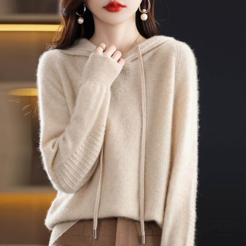 New Women's Hooded Solid Color Pullover Core-spun Yarn Knitted Shirt Solid Color Loose Elegant Casual Simple Base Hoodie New Women's Hooded Solid Color Pullover Core-spun Yarn Knitted Shirt Solid Color Loose Elegant Casual Simple Base Hoodie