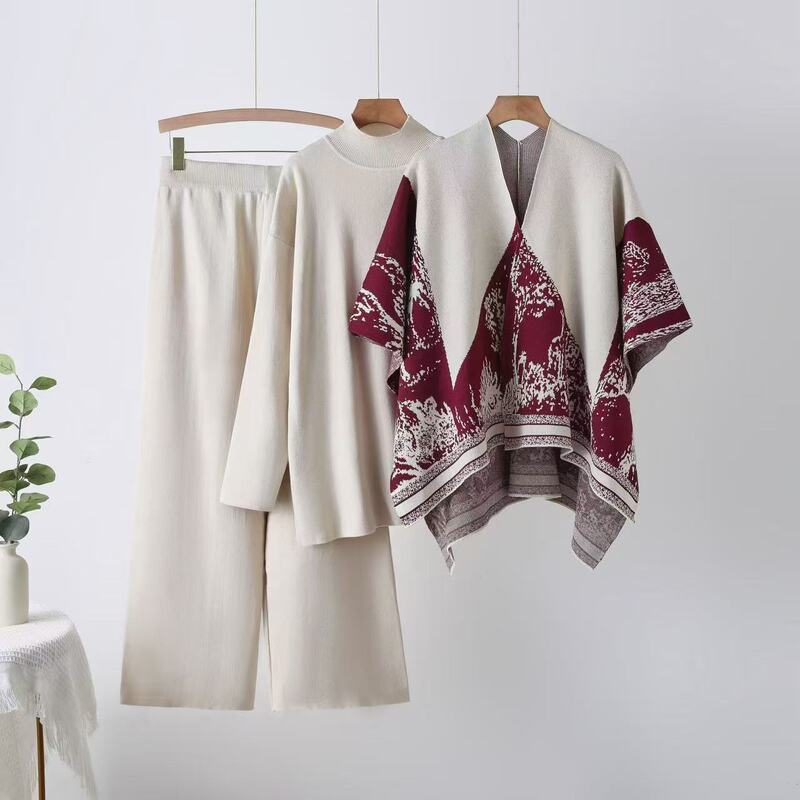 Cross-Border Aliexpress Knitted Casual Fashion Suit Women's Autumn and Winter Loose Half Turtleneck Sweater Pants Shawl Three-Piece Set