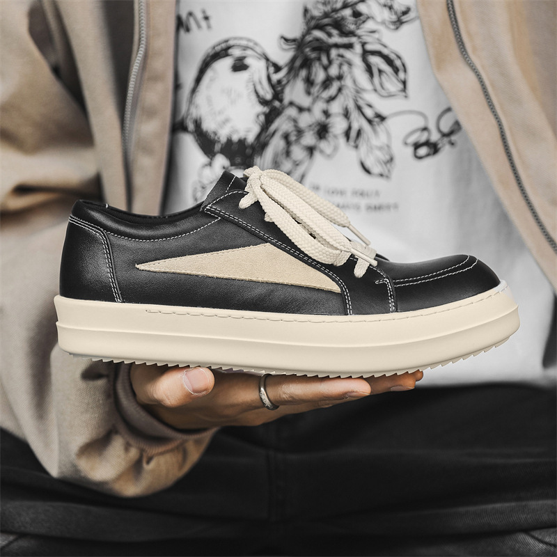 The first layer cowhide fashion brand men's shoes RO small triangle casual niche thick-soled height-increasing casual shoes American black and white low-top The first layer cowhide fashion brand men's shoes RO small triangle casual niche thick-soled height-increasing casual shoes American black and white low-top