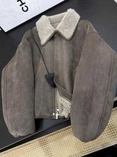 2025新款麂皮绒外套韩系羊羔毛皮毛一体短款机车服皮衣女冬小个子