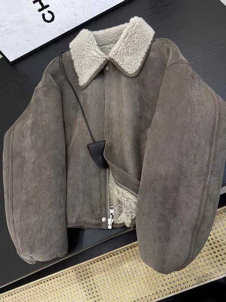 2025新款麂皮绒外套韩系羊羔毛皮毛一体短款机车服皮衣女冬小个子