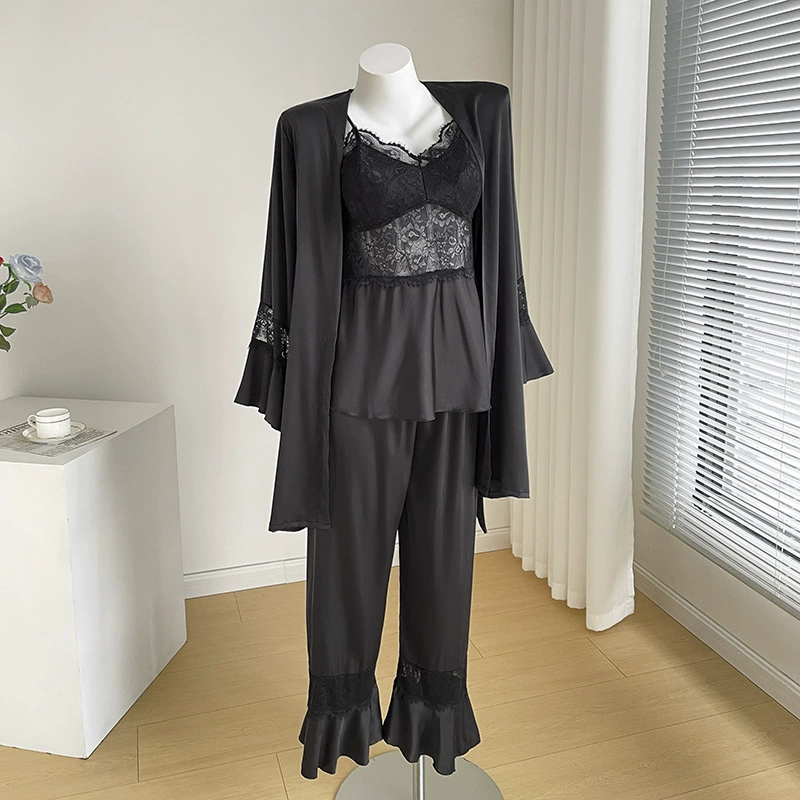 Сказочный стиль: сексуальные пижамы для женщин на весну и осень, комплект из трех предметов с накладками на грудь, кружево из чистого шелка ледяной и снежной текстуры, домашний комплект.