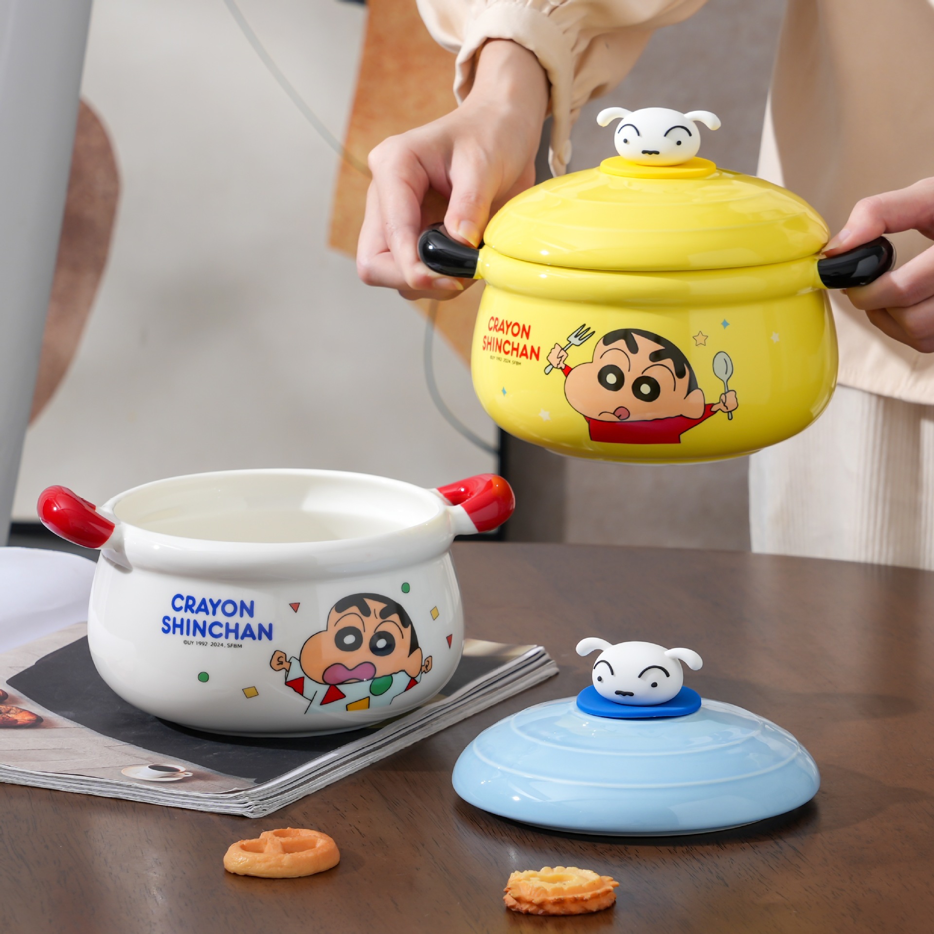 Lápiz pequeño nuevo bol de fideos de doble oreja con cubierta dormitorio de estudiantes muñeca doméstica tazón de sopa de cerámica de alto valor de cara regalo de mano