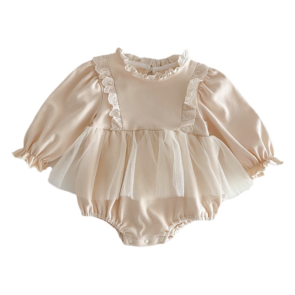 INS estilo coreano bebé otoño nuevo encaje borde mono mameluco mujer bebé estilo occidental malla princesa mameluco vestido
