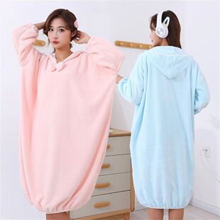 Coral Fleece Long Bathrobe for Home Women Wearing Absorbent Bath Towel Coral Fleece Thickened Household Hooded Long Sleeve Bath Dress