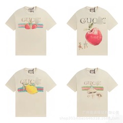 跨境24ssG家彼得兔联名新款草莓蘑菇印花休闲短袖男女情侣同款t恤