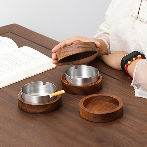 New walnut ashtray, creative, fashionable and convenient ashtray, solid wood stainless steel desktop decoration, tea tray accessories