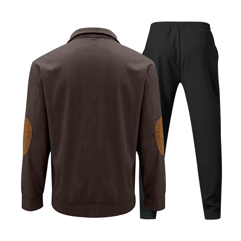 Abbigliamento da uomo casual, completo con pantaloni e felpa in velluto a coste con colletto alto e maniche lunghe_voghion.com