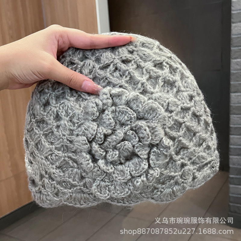 春秋季原创手工显脸小钩花立体花朵包头帽女款文艺复古针织堆堆帽|undefined