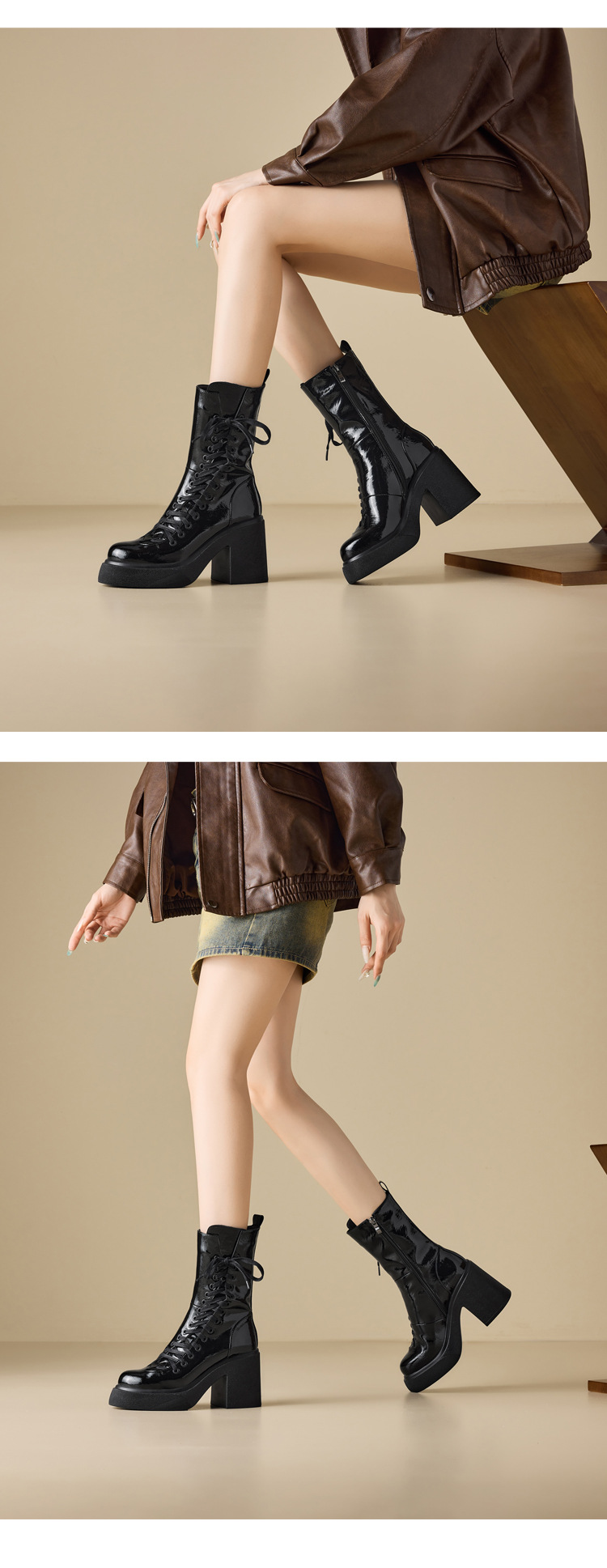 Boot nữ cổ ngắn đế dày 10 cm dây buộc mũi tròn khóa kéo bên — nhung đen chi tiết 10