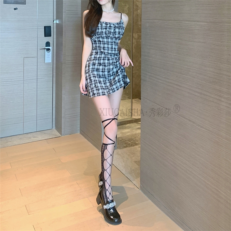 Black Fishnet Cut-Out Stockings with JK Straps, Sheer Lace Sexy Hosiery — detail image 21