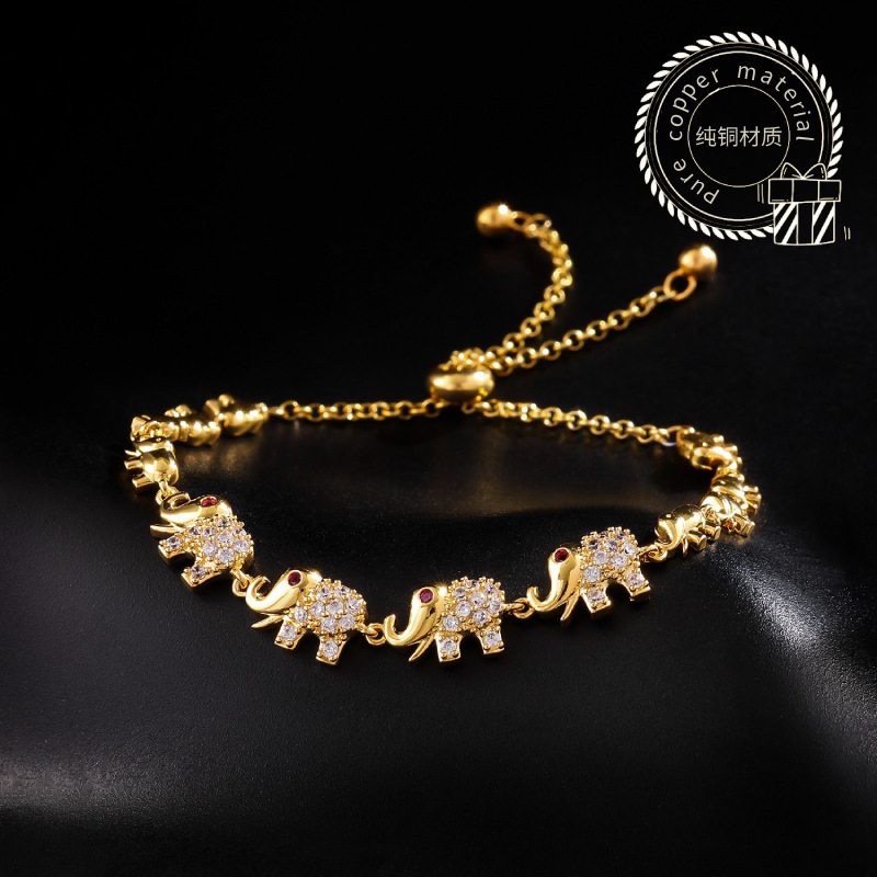 Fresh and Sweet Golden Copper Jewelry Niche Stone-Embellished Elephant Arrangement Bracelet Cute Fashion Lighting Exquisite Bracelet Fresh and Sweet Golden Copper Jewelry Niche Stone-Embellished Elephant Arrangement Bracelet Cute Fashion Lighting Exquisite Bracelet