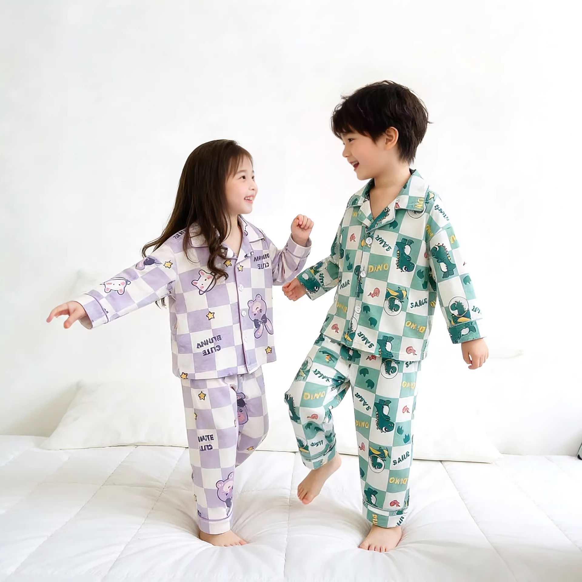 儿童春秋家居服长袖睡衣套装男童女童全棉丝光棉翻领开胸套装秋装