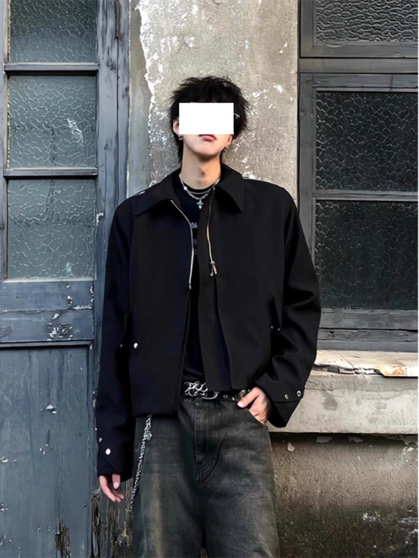 高级感垫肩短款夹克男美式小众高街潮牌机车痞帅翻领正肩设计外套|undefined