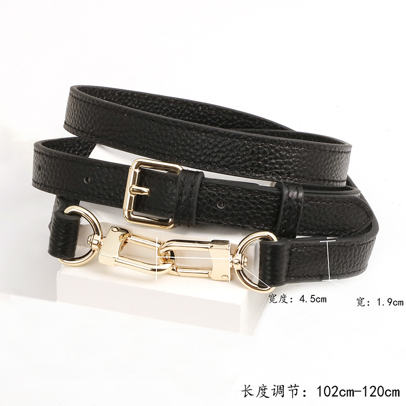 Premium cowhide lychee pattern black 1.9cm shoulder strap gold buckle