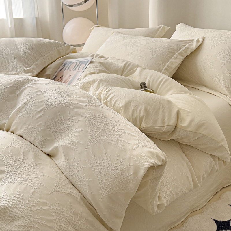 Category a Maternal and Infant Grade Accessible Luxury Double-Layer Yarn Four-Piece Set Pure Color Jacquard Quilt Cover B&B Style Four-Piece Set Bed Bed Sheets and Fitted Bed Sheets