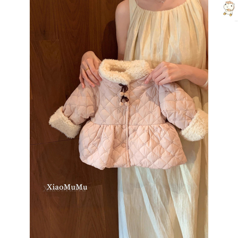 Girls' fleece-lined and thickened winter coat, 2025 new style, stylish and warm cotton-padded jacket for toddlers.
