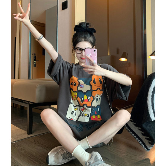 Grey Cartoon Short-sleeved T-shirt Women's Summer 2024 New American Style Retro Design Sense Printed Loose Casual Top