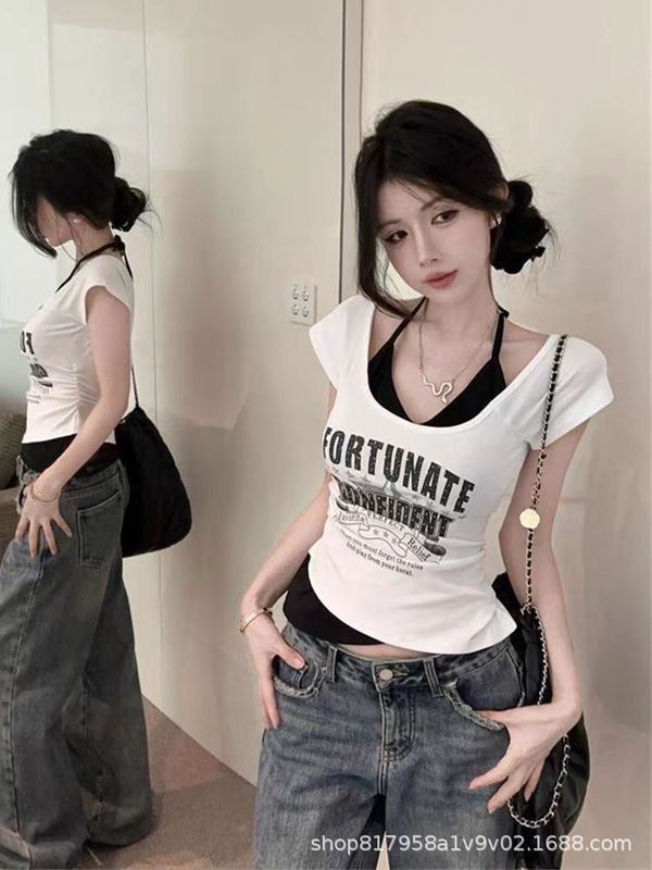辣妹撞色假两件挂脖短袖t恤女夏季小个子设计感修身显瘦短款上衣|undefined